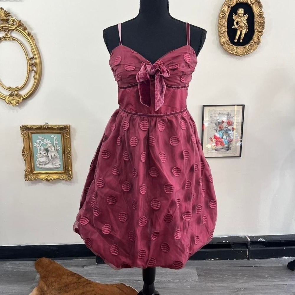 Vintage Y2K Betsy Johnson Burgundy Velvet Polka Dot Bubble Dress